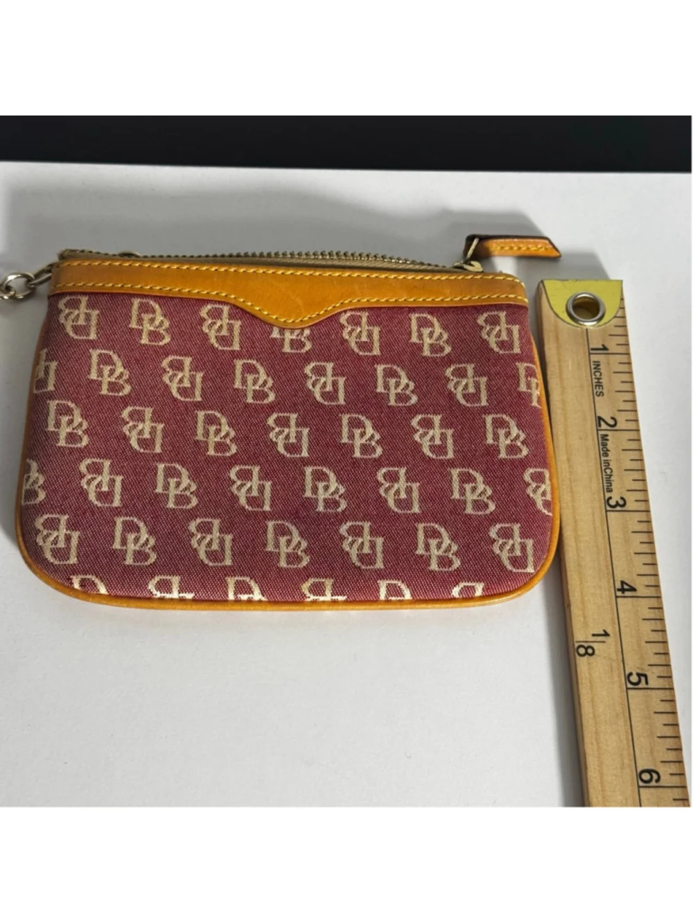 Dooney & Bourke Burgundy & Tan DB Monogram Coin Purse Pouch Leather Trim Key